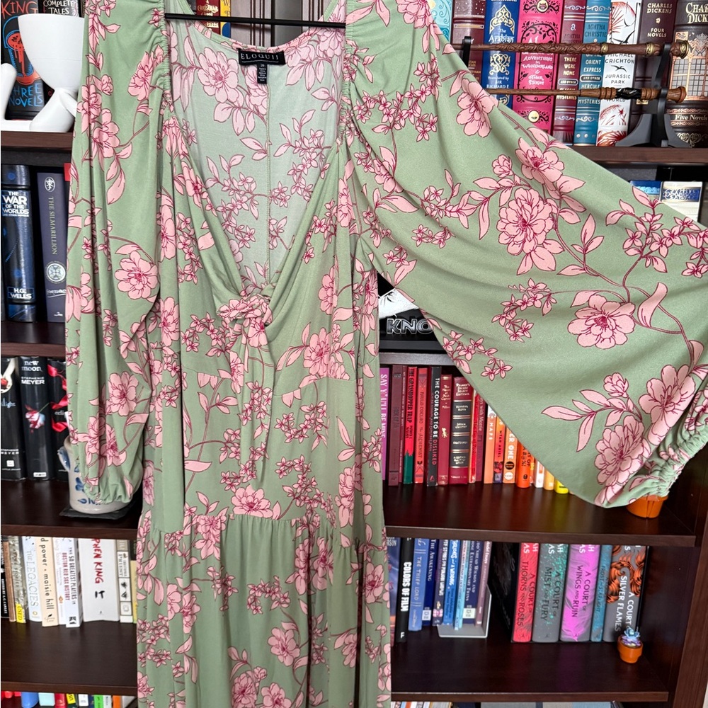 Eloquii Tie Front Green and Pink Floral Maxi Dress